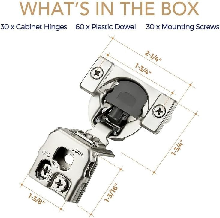 1-3/8 Inch Stainless Steel Soft Close Hinges - 30 Pack for Kitchen Cabinets