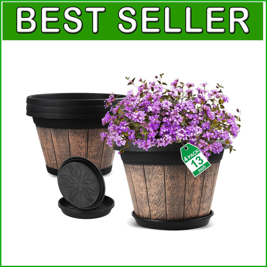 13 Inch Large Resin Plant Containers - Set of 4 with Saucers for All Plants