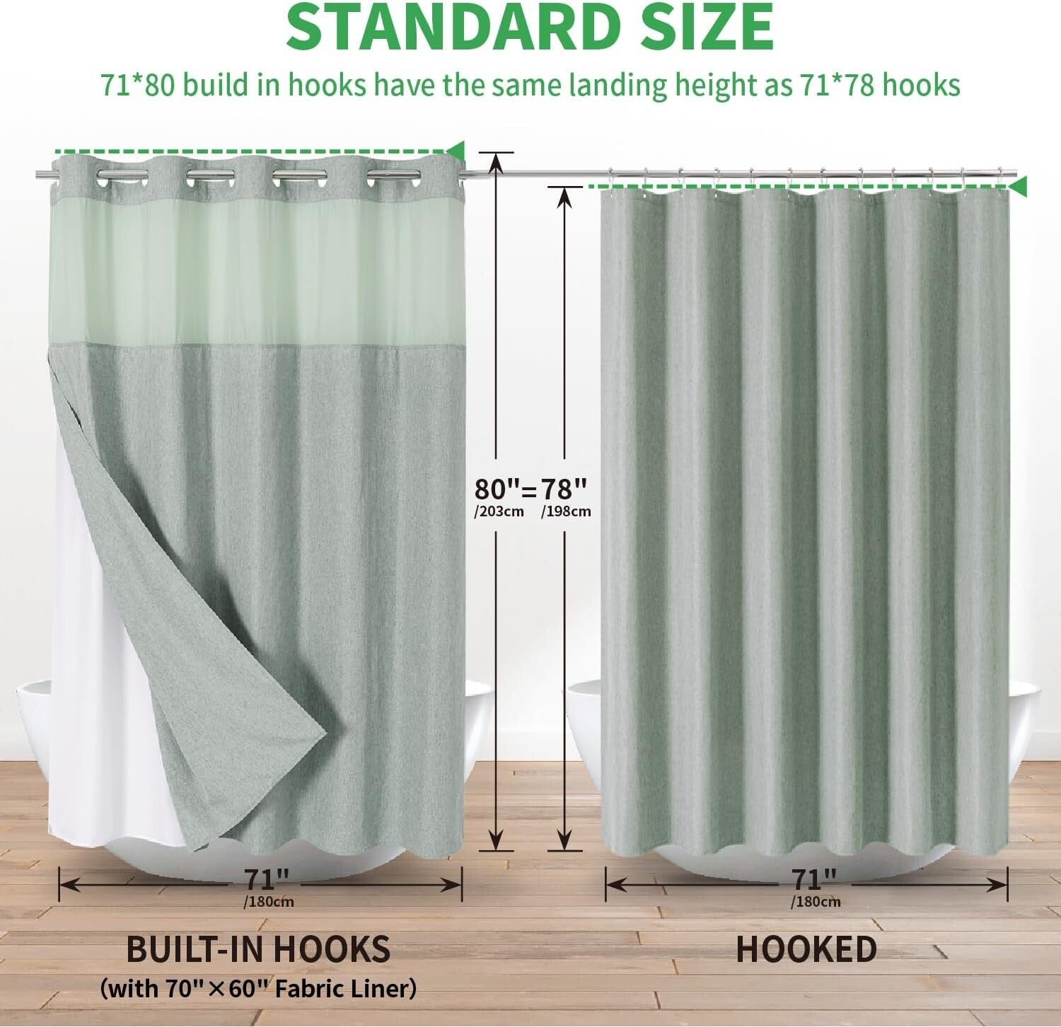 Luxurious Sage Green Shower Curtain with Linen Texture & Snap-In Liner 71x80
