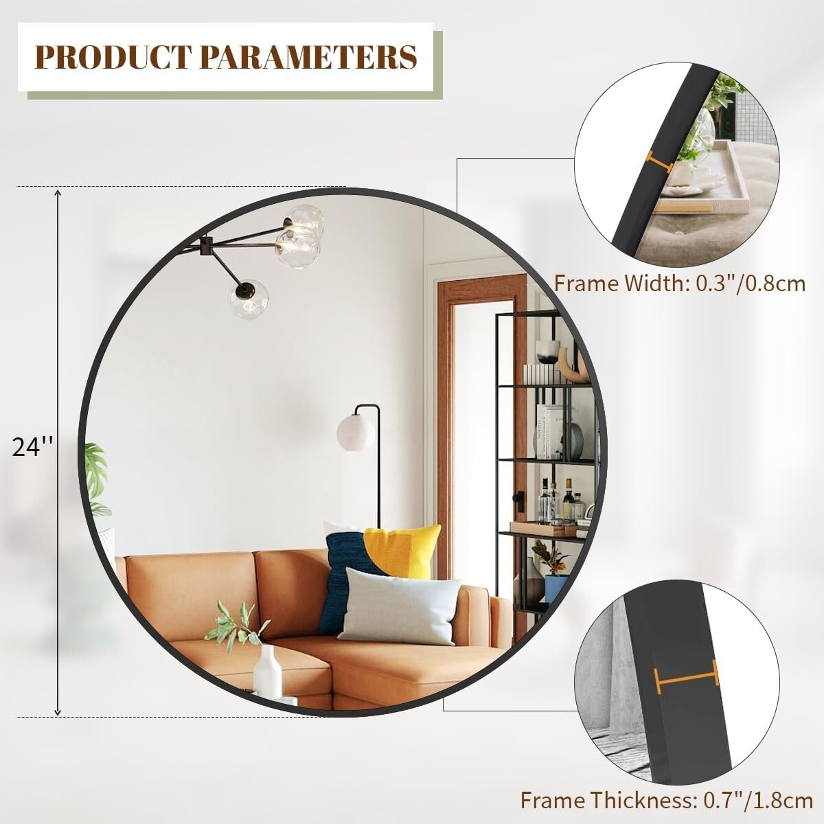 Elegant 24 Inch Round Mirror with Black Metal Frame for Modern Home Decor