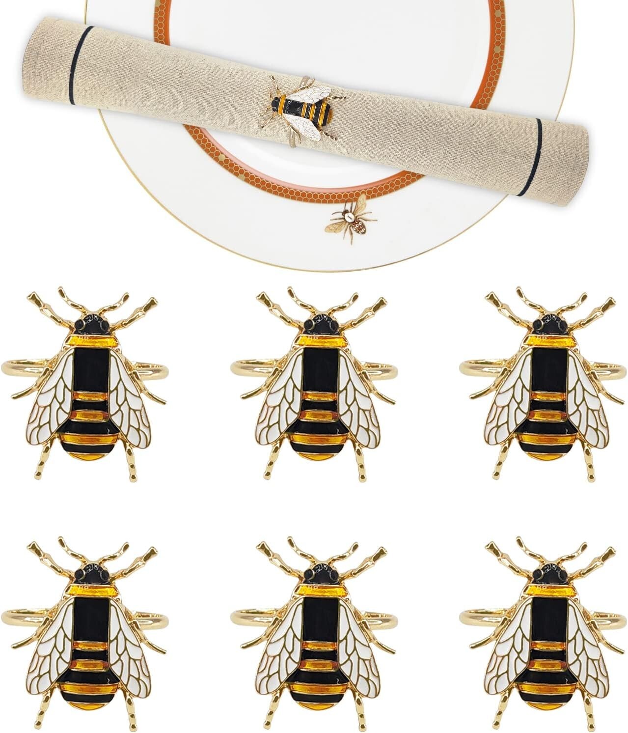 Set of 12 Gold Bee Napkin Rings - Soft Enamel Metal Holders for Elegant Dining