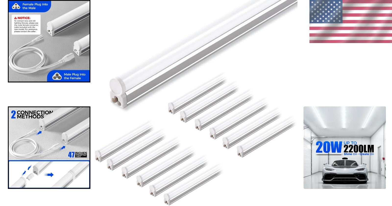 Energy-Efficient 12-Pack 4FT T5 LED Shop Lights - 20W, Indoor Use, 2200lm