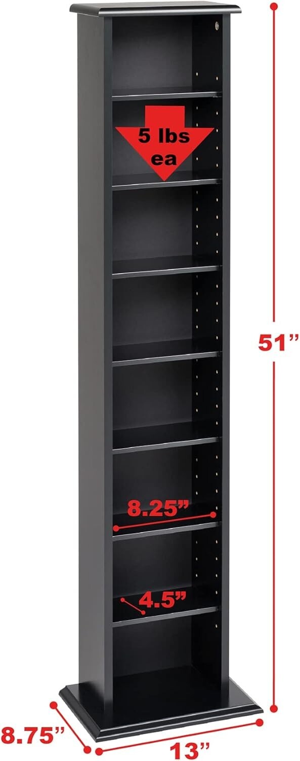 Durable Black Media Cabinet with 7 Adjustable Shelves for Customized Storage