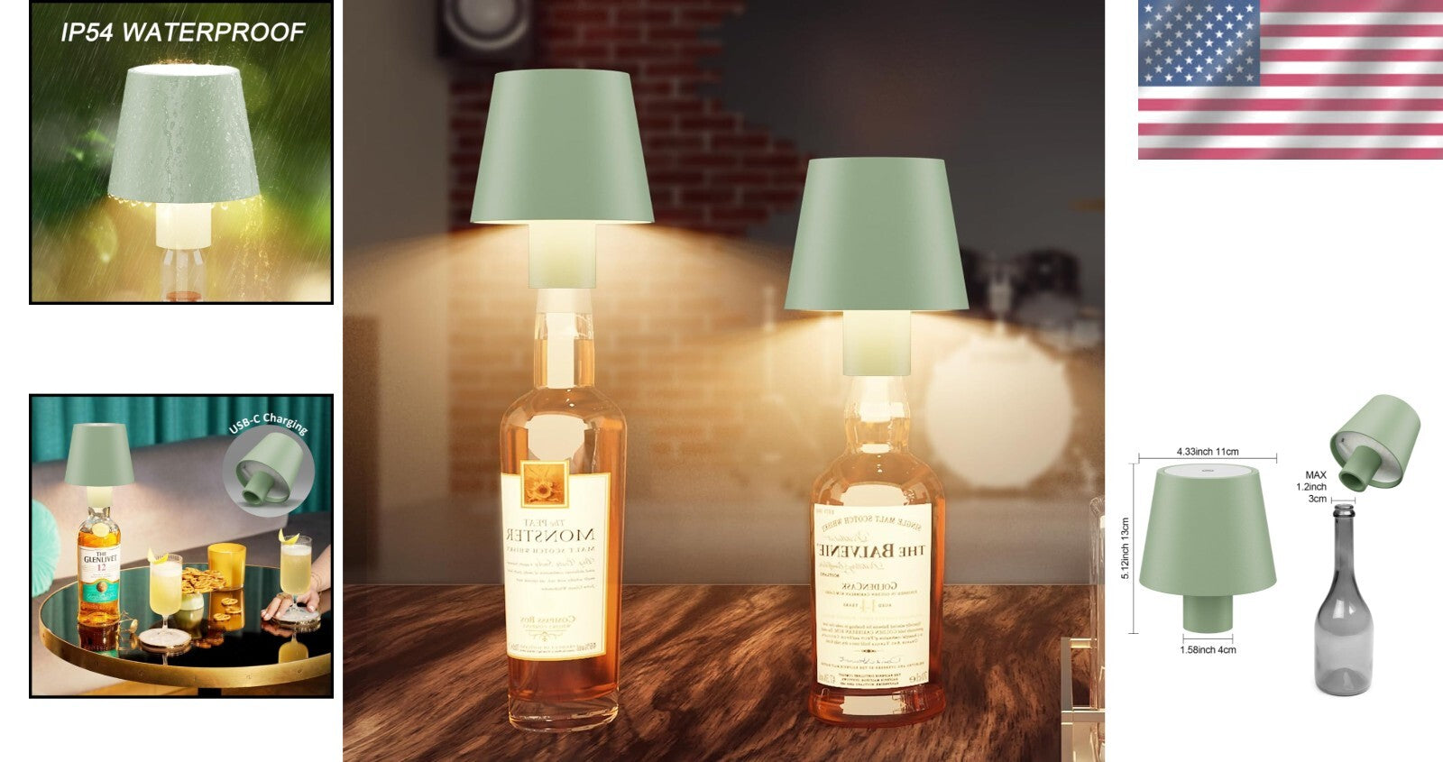 Battery Powered 2 Pack Green LED Bottle Lamp - Perfect for Dining & Outdoor Use