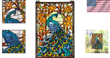 Load image into Gallery viewer, Rectangular Tiffany Stained Glass Peacock Panel with 30" Chain - Handmade Beauty