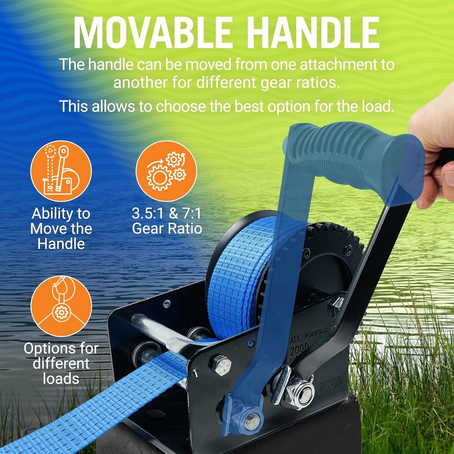 Versatile 2000 lbs Boat Winch - Manual Hand Crank with Premium Strap & Hook