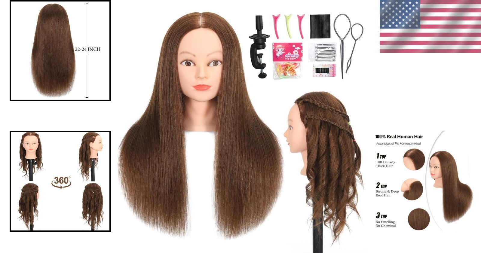 18" Brown Human Hair Mannequin Head - Perfect for Cosmetology Training