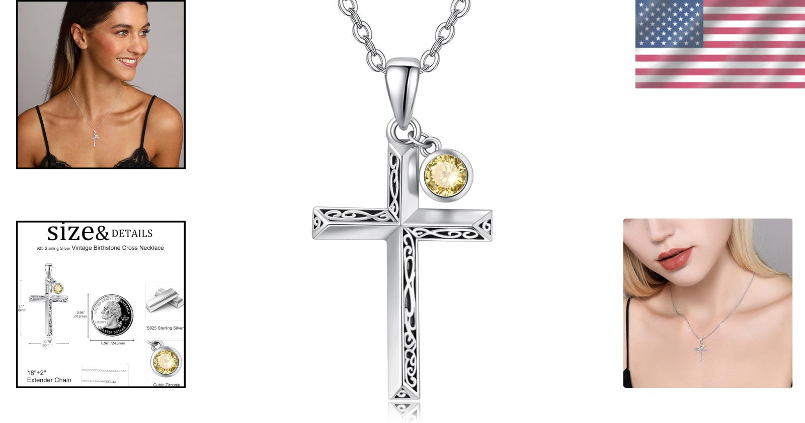 Personalized Birthstone Cross Necklace in 925 Sterling Silver for Men & Women