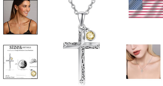 Personalized Birthstone Cross Necklace in 925 Sterling Silver for Men & Women