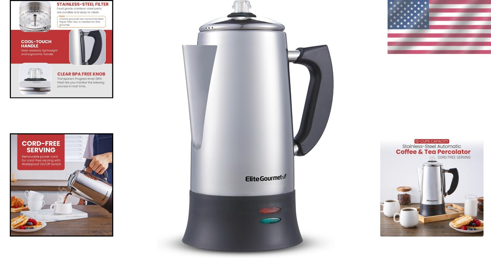 Durable 12-Cup Coffee Percolator with Ergonomic Handle - BPA Free & Fast Brewing