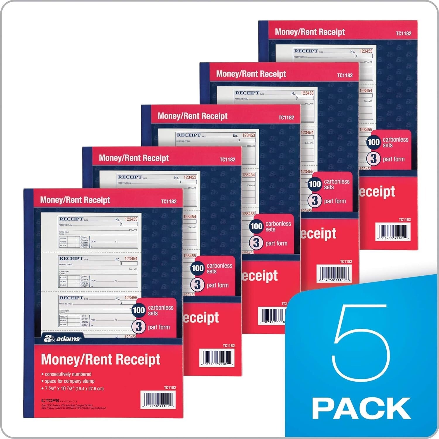 Durable 3-Part Carbonless Rent Receipt Books - 5-Pack with Wraparound Cover