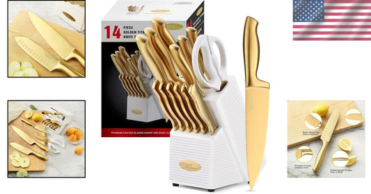 Elegant Gold Knife Set - 14-Piece Titanium Coated Stainless Steel with Block