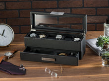 Load image into Gallery viewer, Stunning 6 Slot Men's Watch Organizer with Valet Drawer &amp; Faux Leather Interior