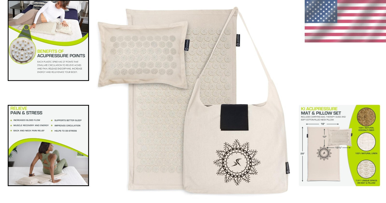 100% Natural Linen Acupressure Mat & Pillow Set for Back Pain Relief, Sand Dunes