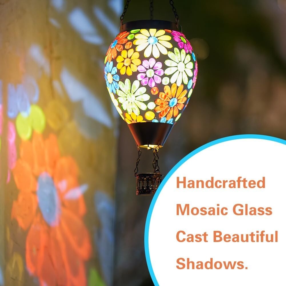 Waterproof Glass Mosaic Hot Air Balloon Lantern - Solar Powered Elegance