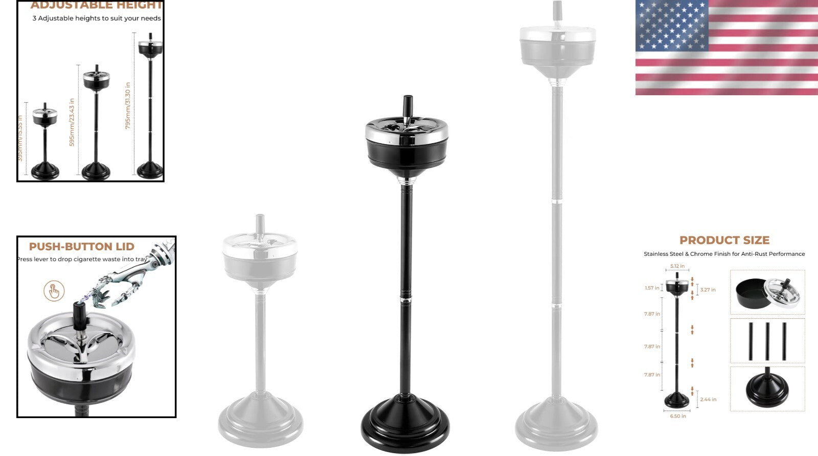 Adjustable Height Stainless Steel Self-Cleaning Ashtray for Indoor/Outdoor Use