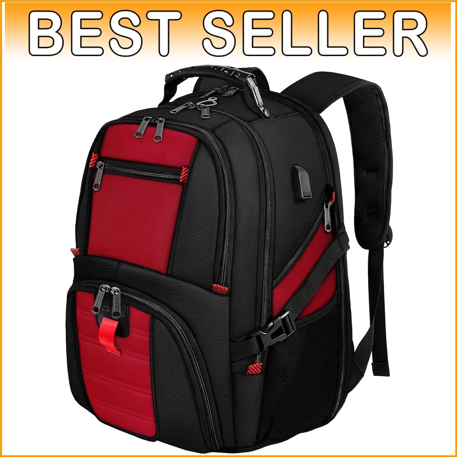 Extra Large 50L Water-Resistant Travel Laptop Backpack with USB Port, Bright Red