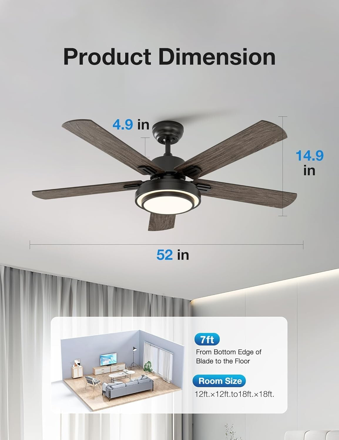 Energy-Efficient 52 Inch Ceiling Fan with Noiseless DC Motor & Remote Control