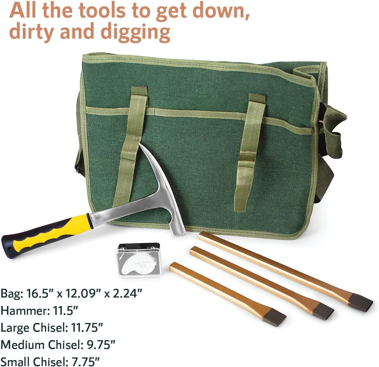 Ergonomic Rock Hammer and Chisel Kit in Tough Musette Bag - Ideal for Beginners