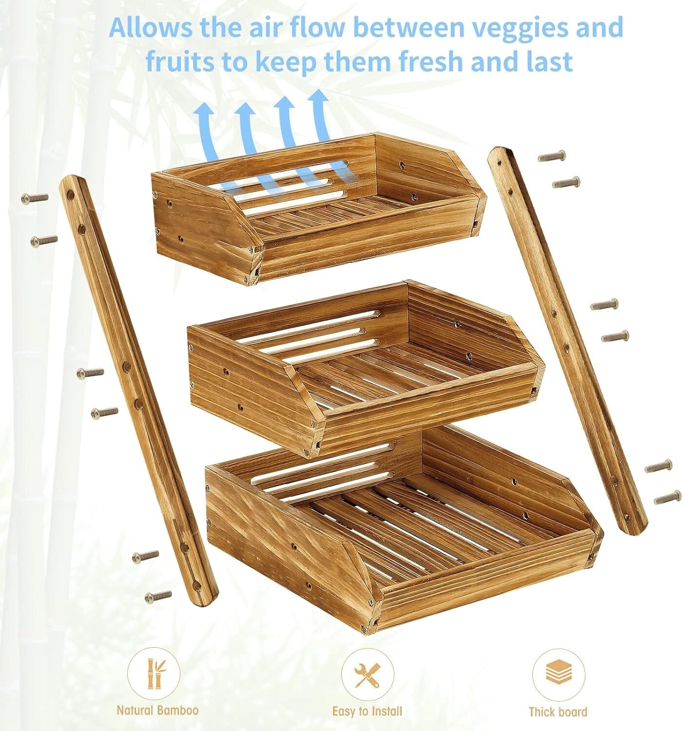 Sturdy 3-Tier Pine Wood Fruit Basket - Compact Design for Fresh Produce