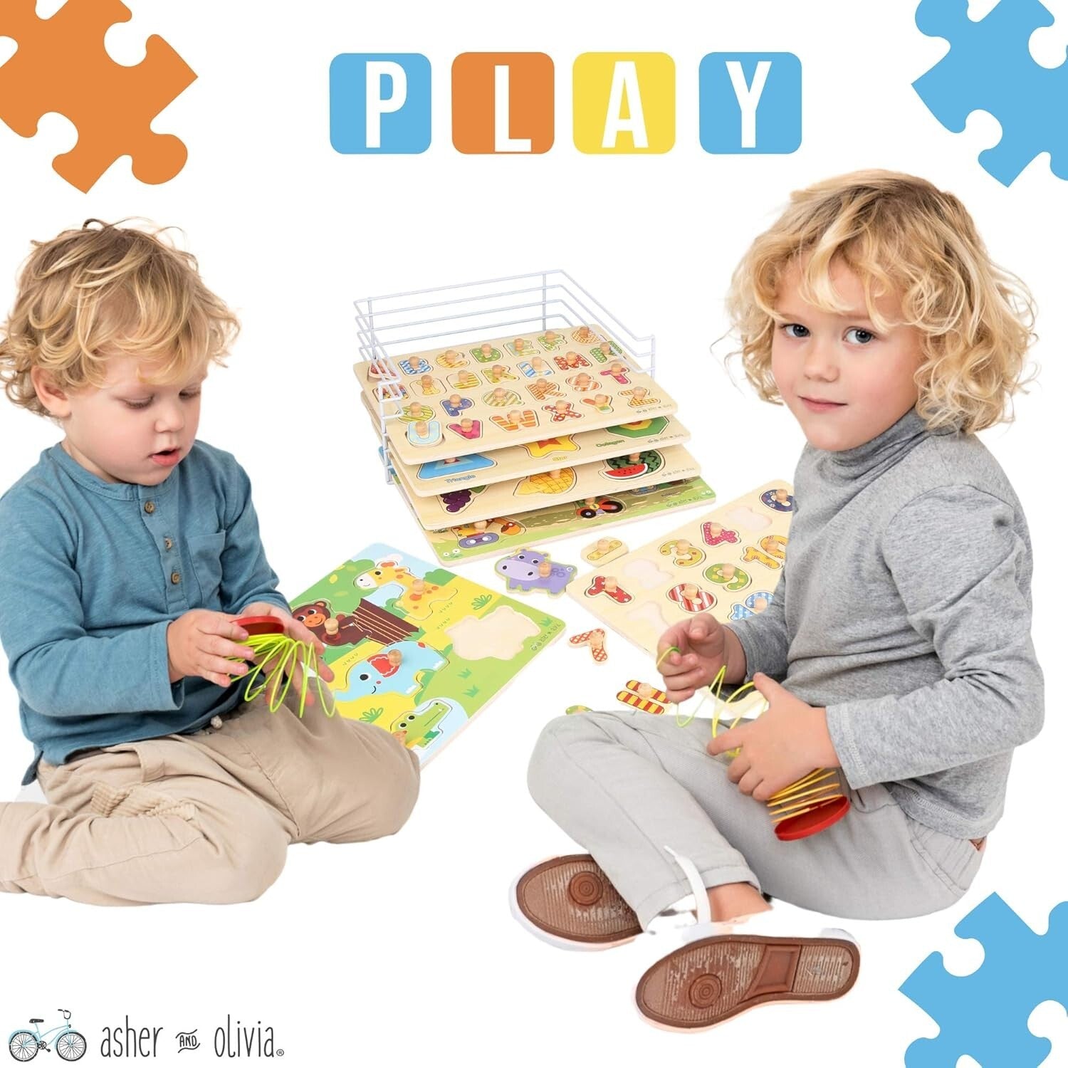 Fun Educational Wooden Puzzles for Toddlers - 7 Themes with Clock & Storage Rack