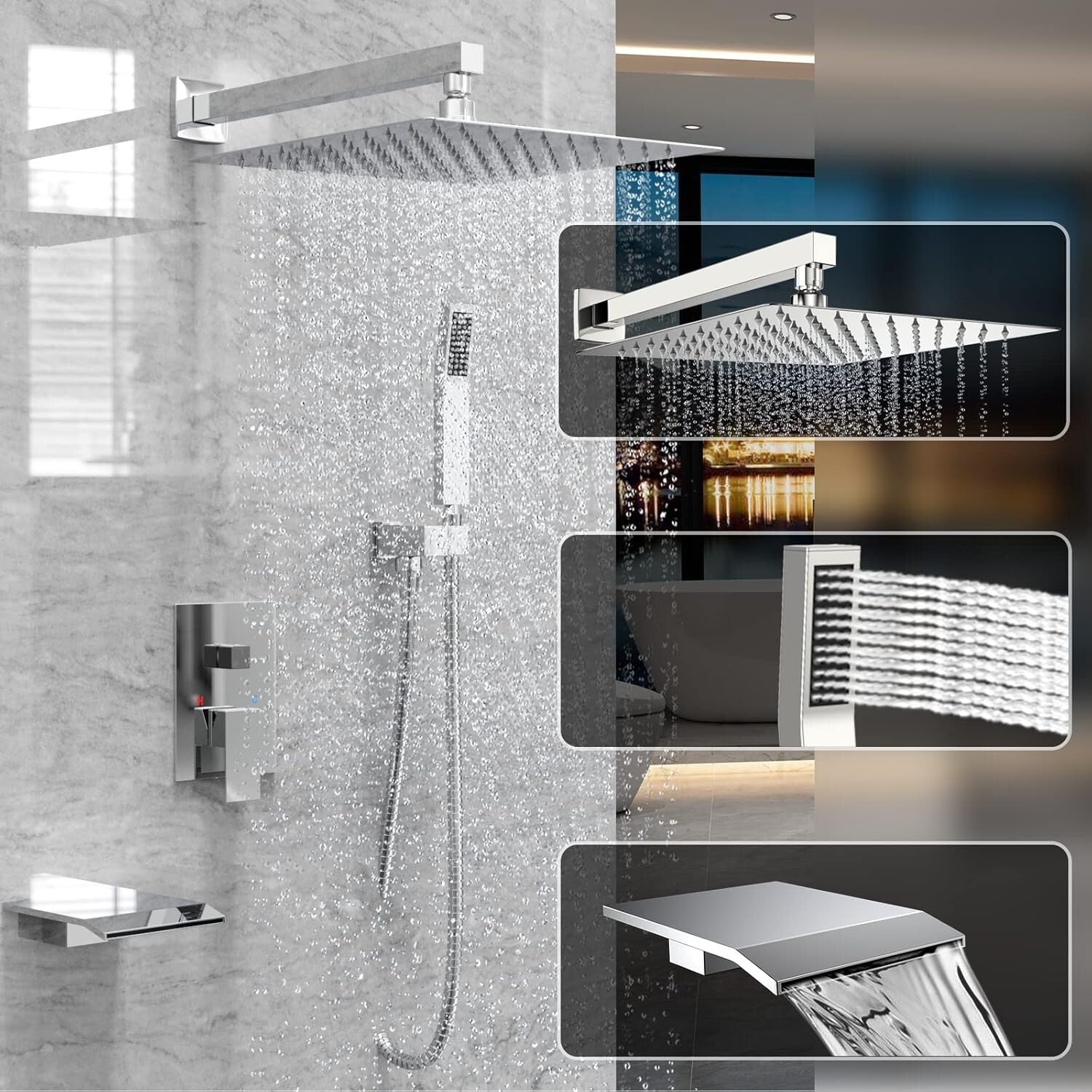 Chrome Wall-Mounted Rain Shower & Tub Spout Set with 10-Inch Head - Easy Install