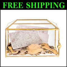 Load image into Gallery viewer, Handmade Vintage Gold and Glass Wedding Card Box with Heart Lock - 12.6" x 5.9"