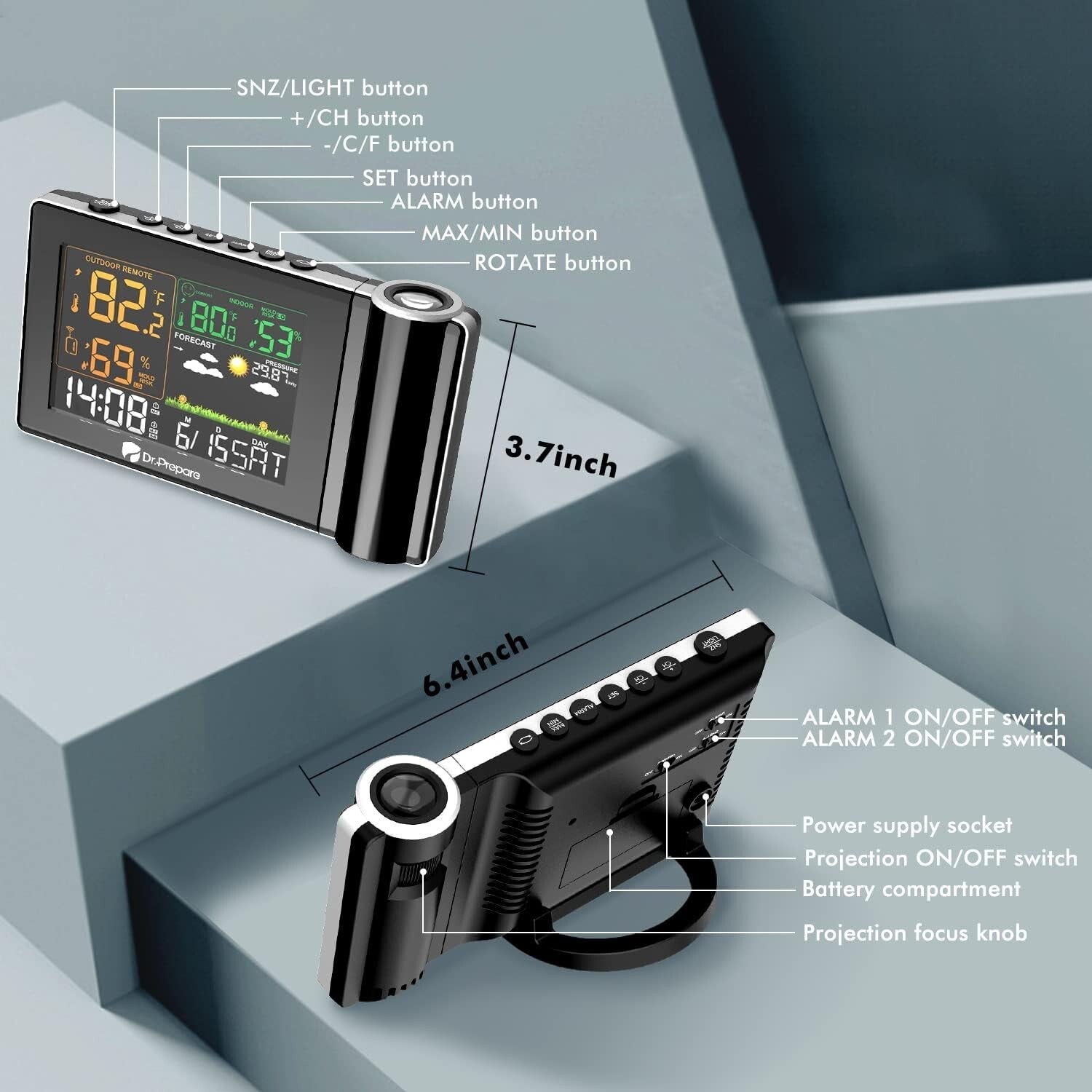 180° Adjustable Projection Alarm Clock with Wireless Temperature Monitor