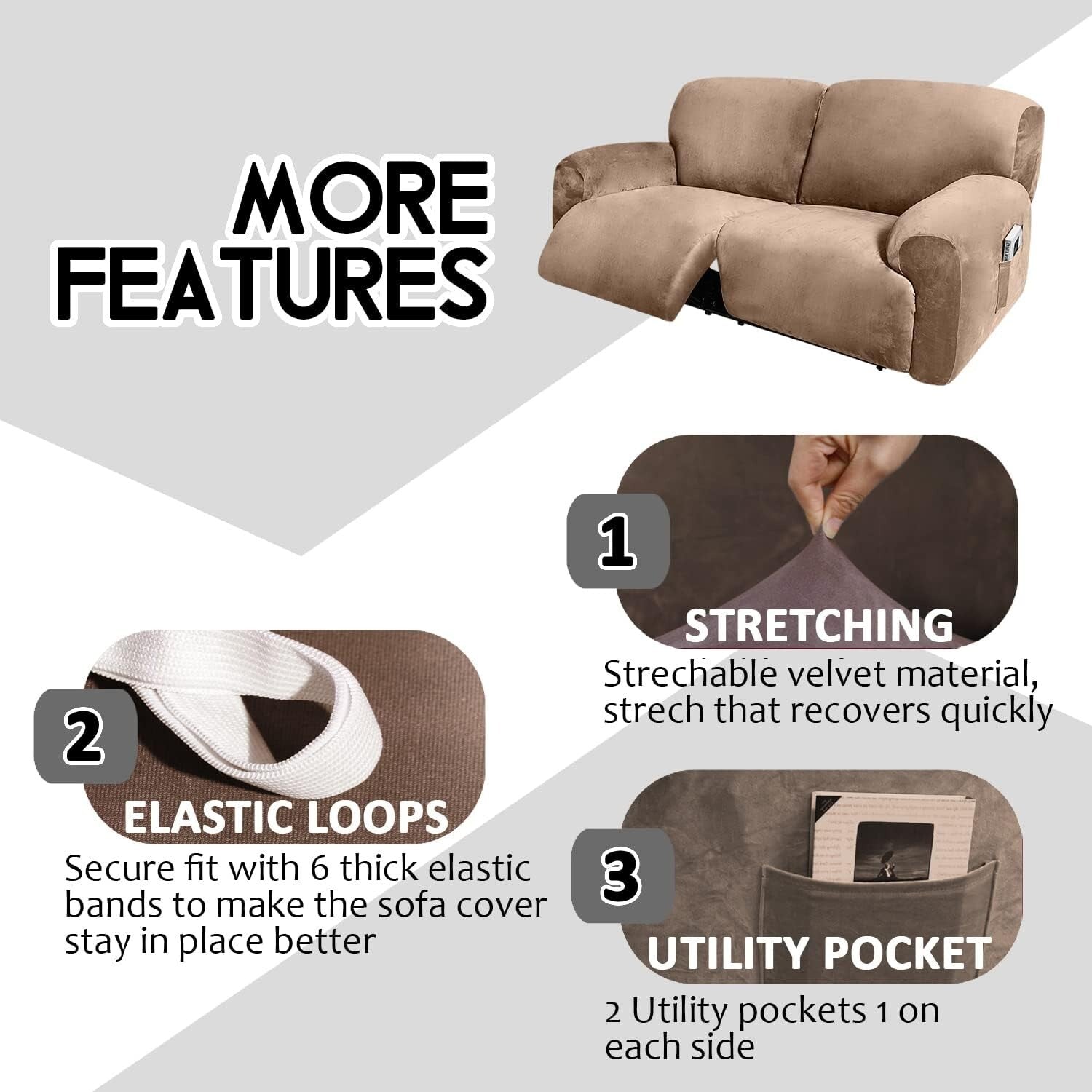 Extra Wide Velvet Reclining 2 Seater Sofa Cover - 6-Piece Slipcover Set in Sand
