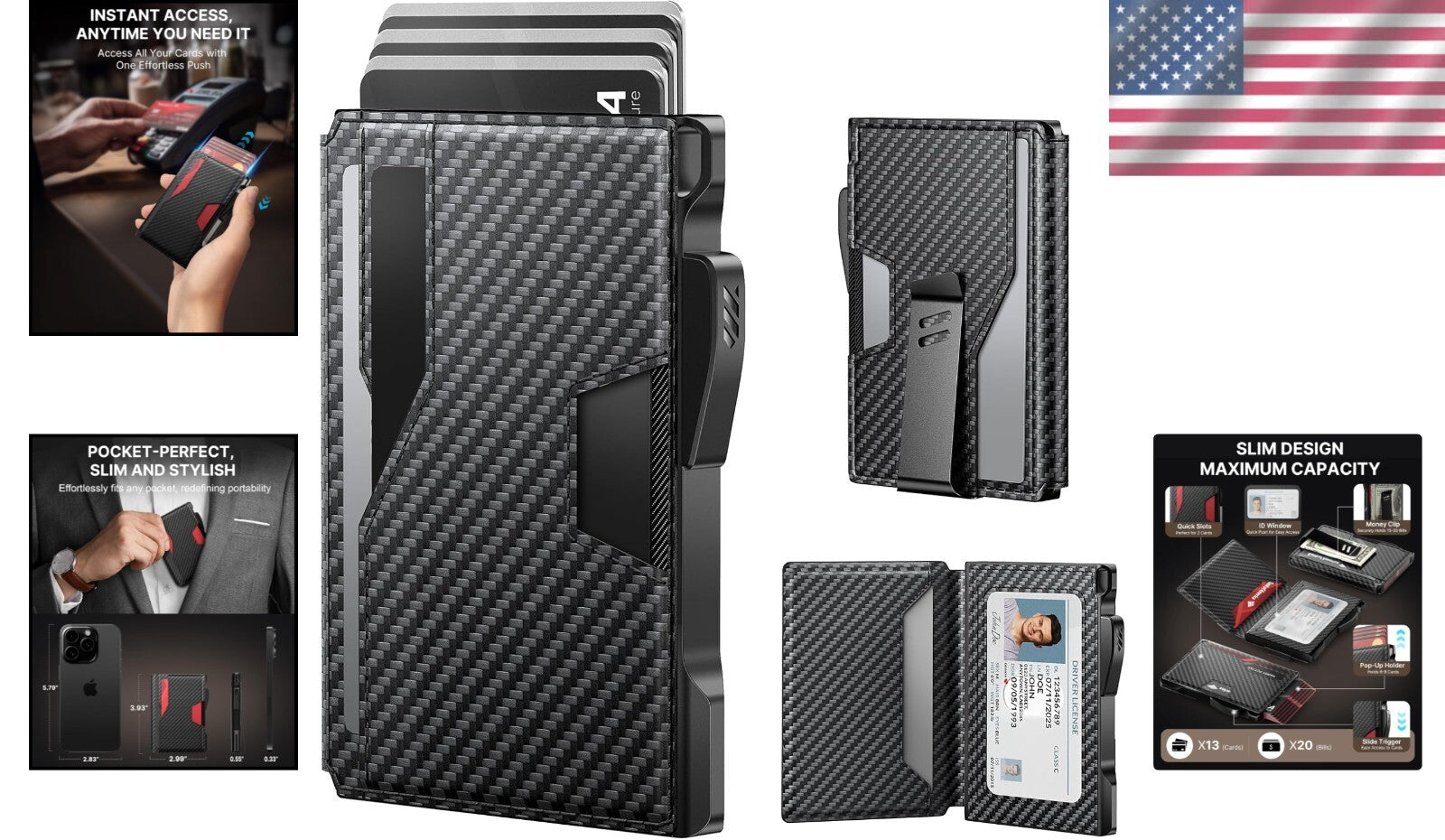 Carbon Fiber Black RFID-Blocking Slim Leather Wallet with Money Clip & Gift Box