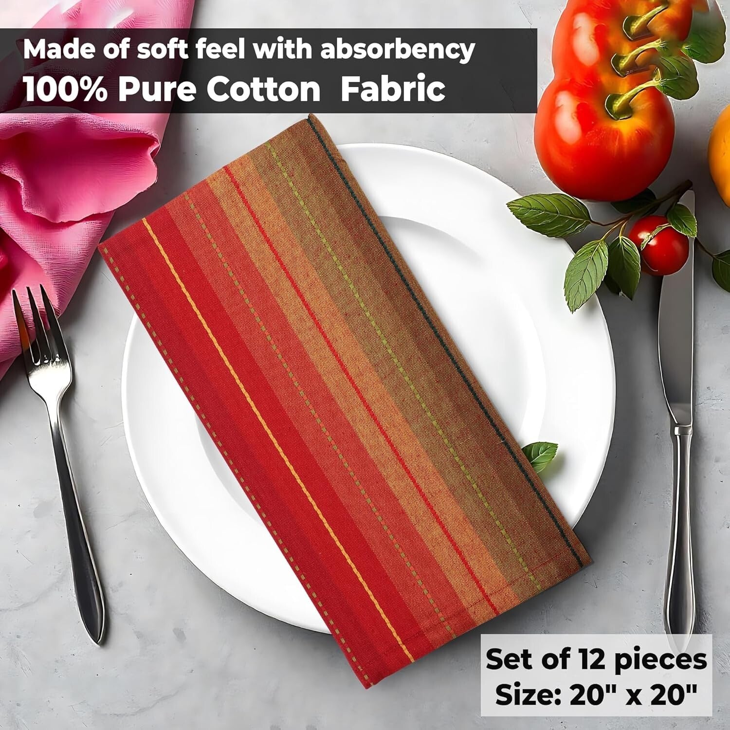 Red Multi Color Striped Napkin Set - 12 Premium Cotton Dinner Napkins 20x20