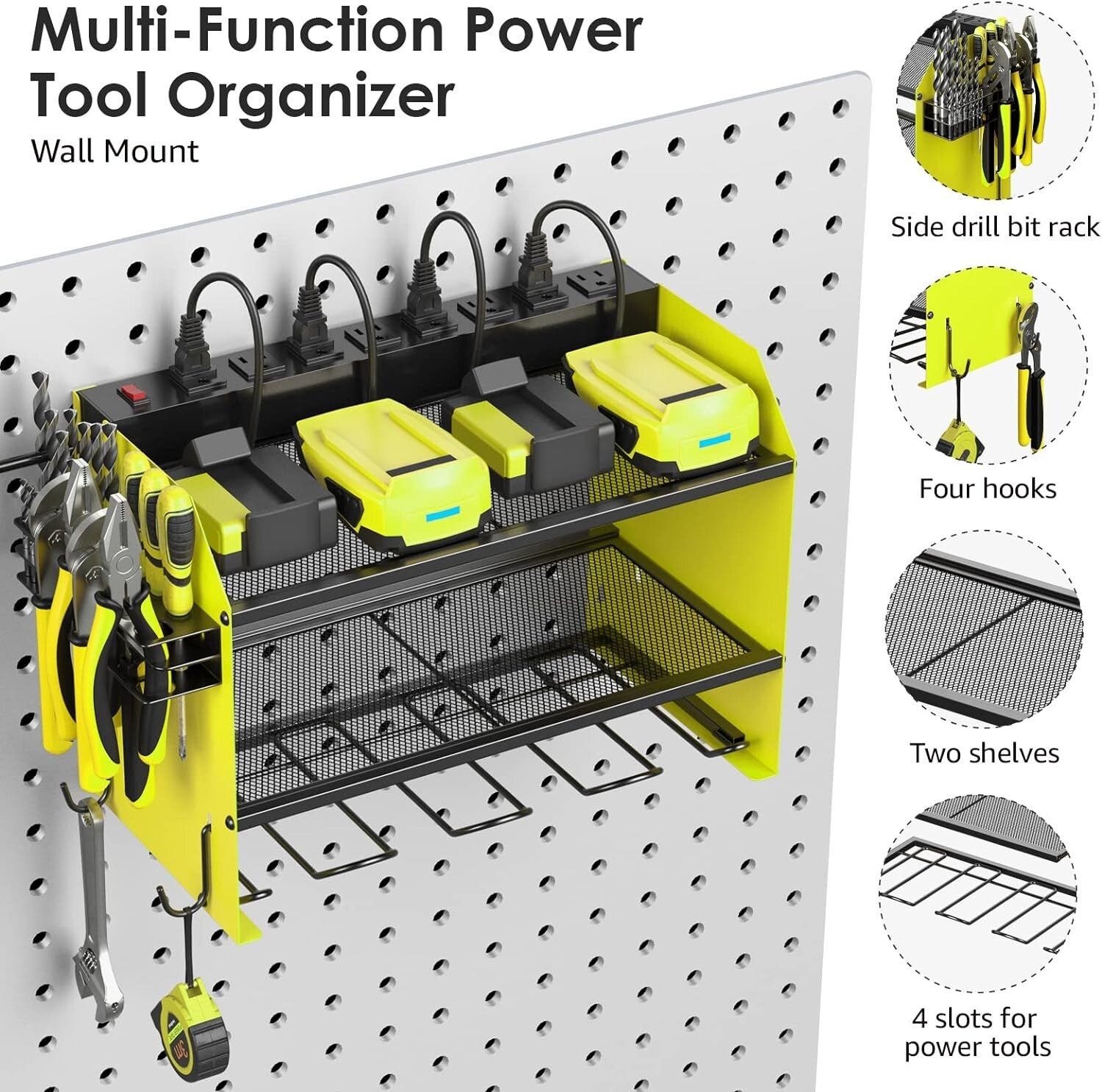 Efficient Power Tool Wall Organizer with 4 Slots, Hooks, and Surge Protection