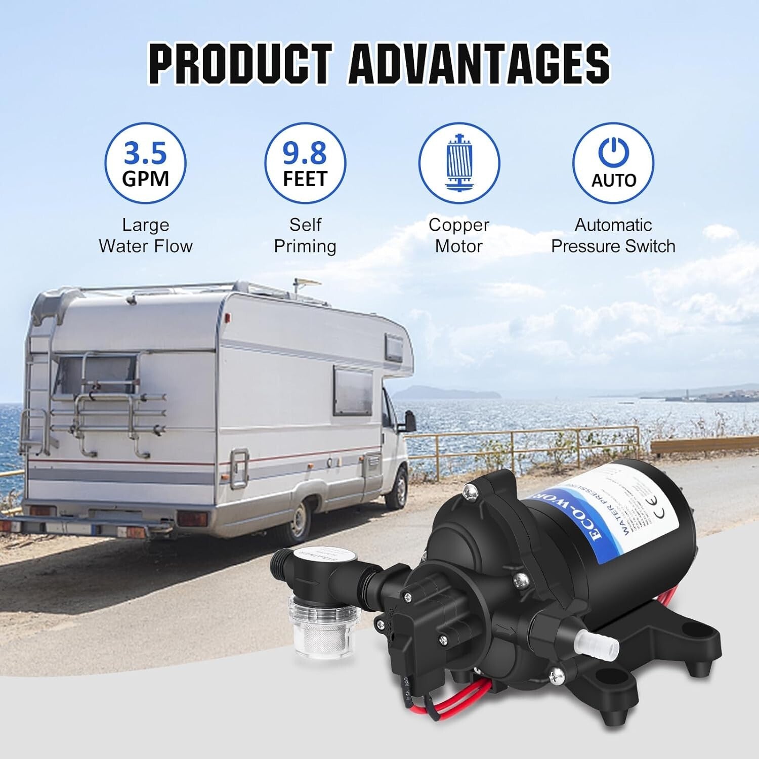 Compact 12V Water Pump with 45PSI Pressure Switch - Ideal for RVs & Campers
