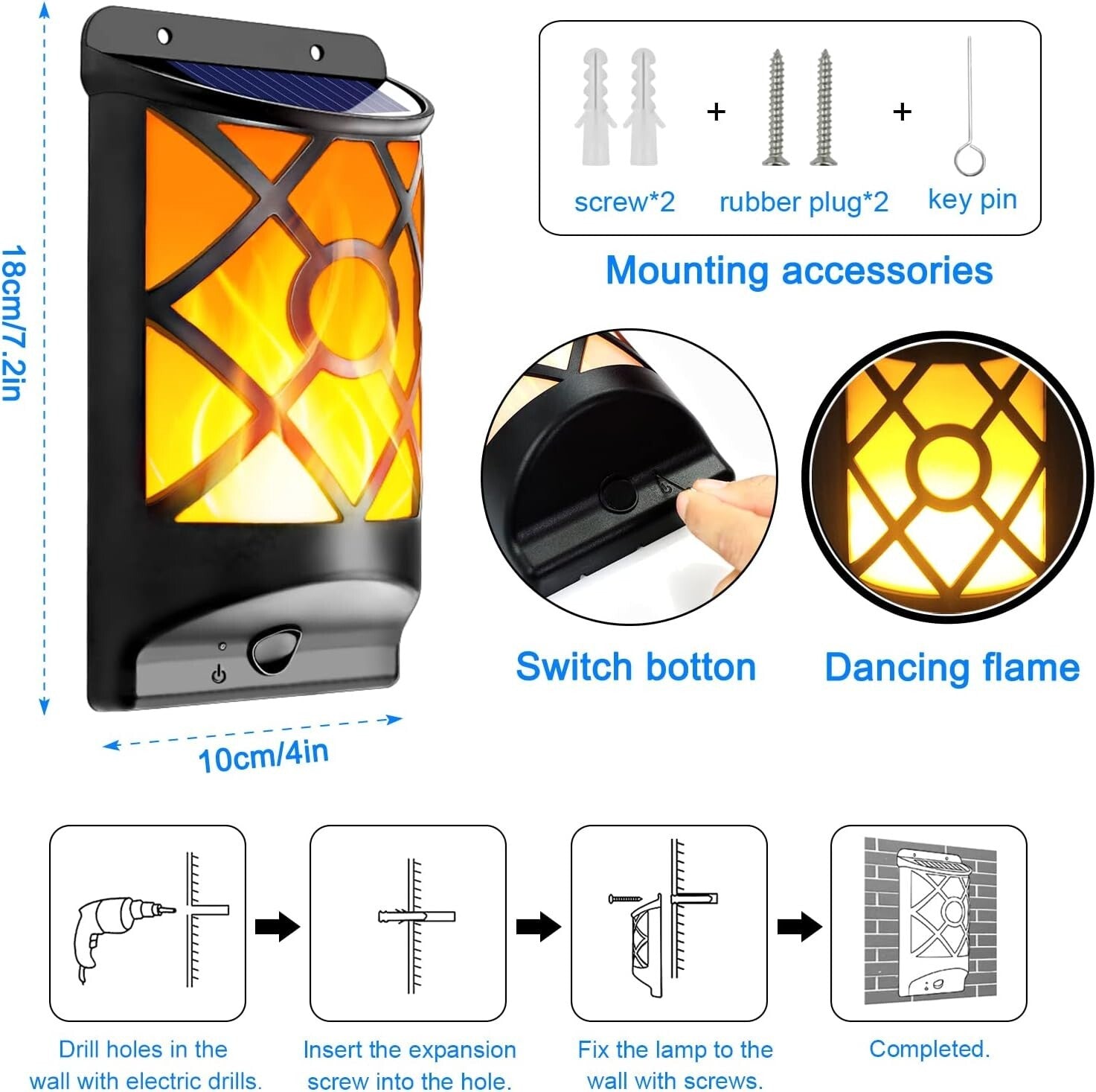 Realistic 3D Flickering Solar Flame Lights - 66 LEDs Outdoor Wall Lanterns