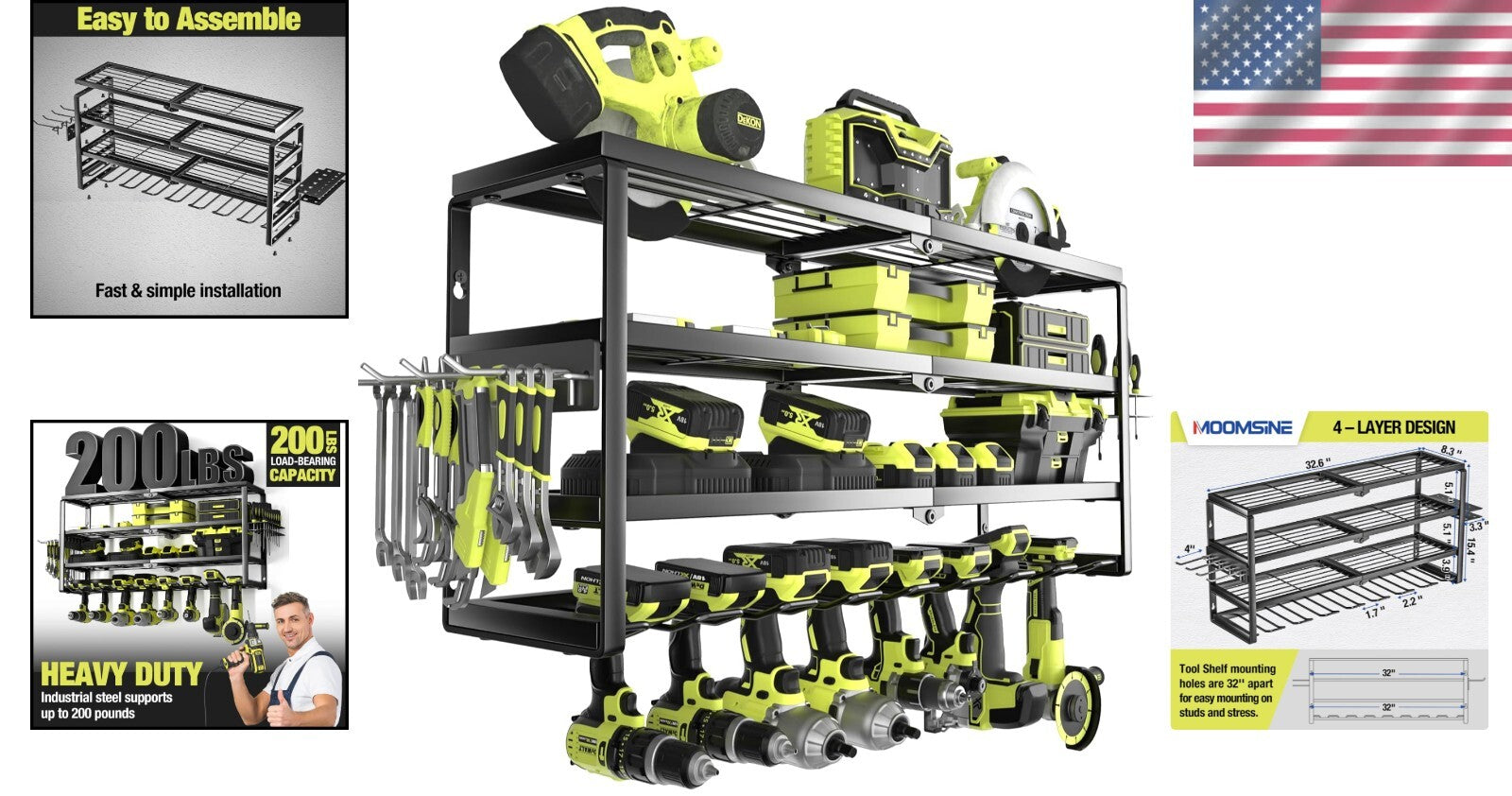 32-Inch Wall-Mounted Power Tool Organizer with Charging Station and 8 Slots
