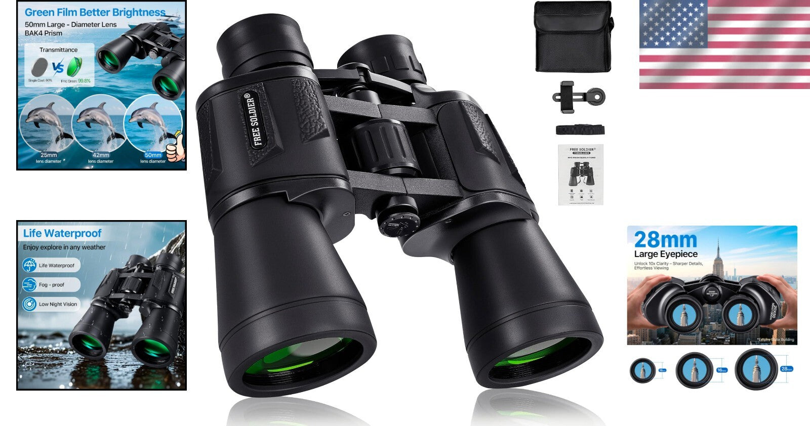 20x50 High Power Waterproof Binoculars with Smartphone Adapter for Bird Watching