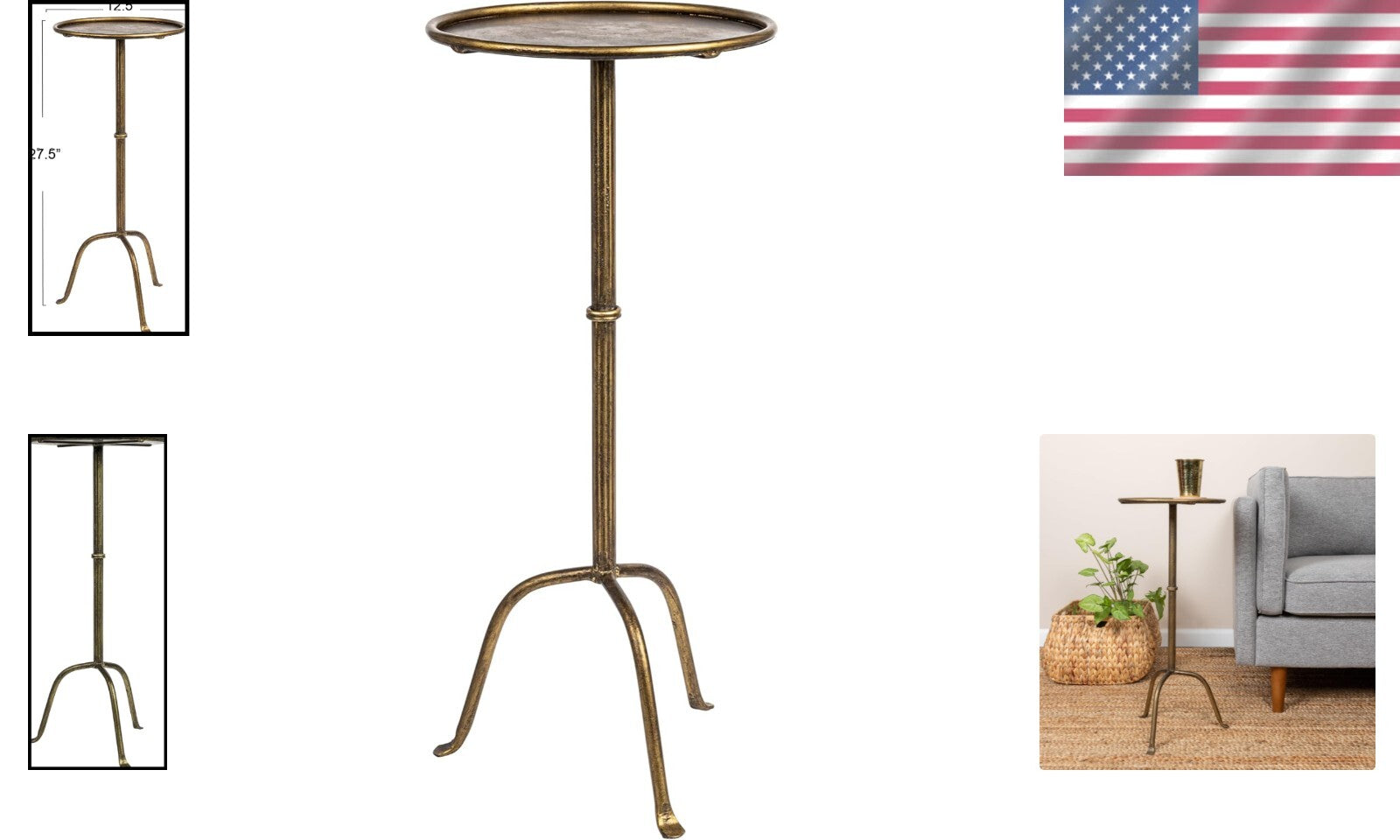Durable Antique Brass Cocktail Side Table - 12.5 Inches of Timeless Style