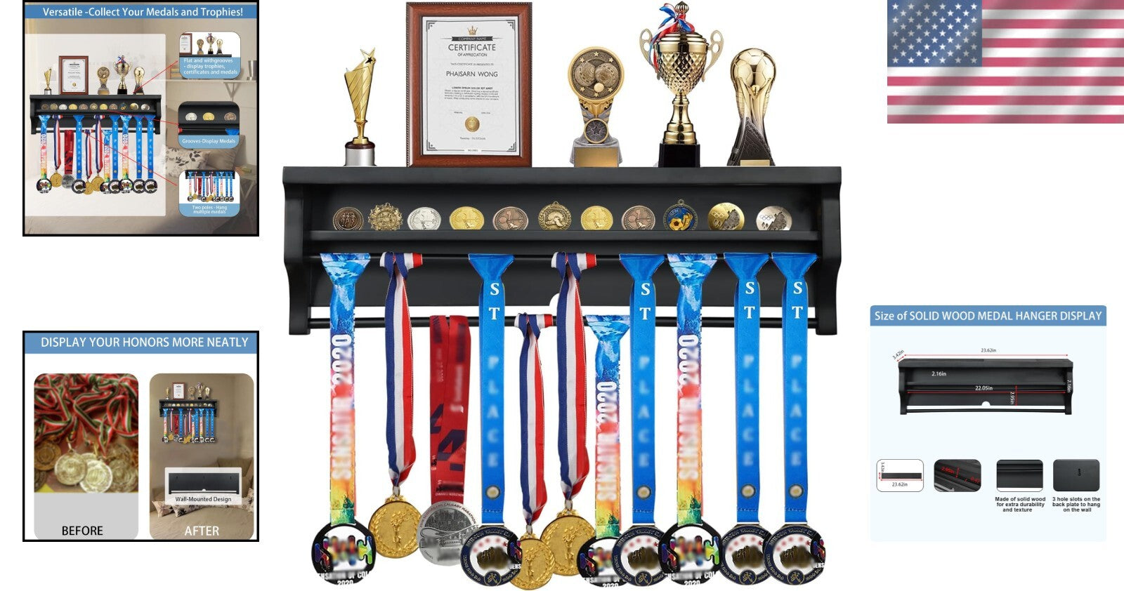 Elegant Solid Wood Wall Mount Medal Display Rack - Showcase Your Achievements