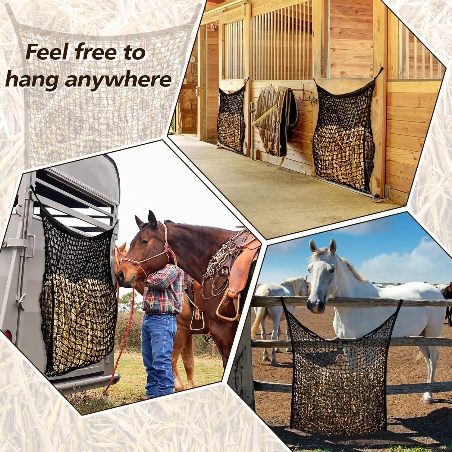 2-Pcs Slow Feed Hay Net Feeder Bags for Healthy Horse & Goat Feeding - 63x40in