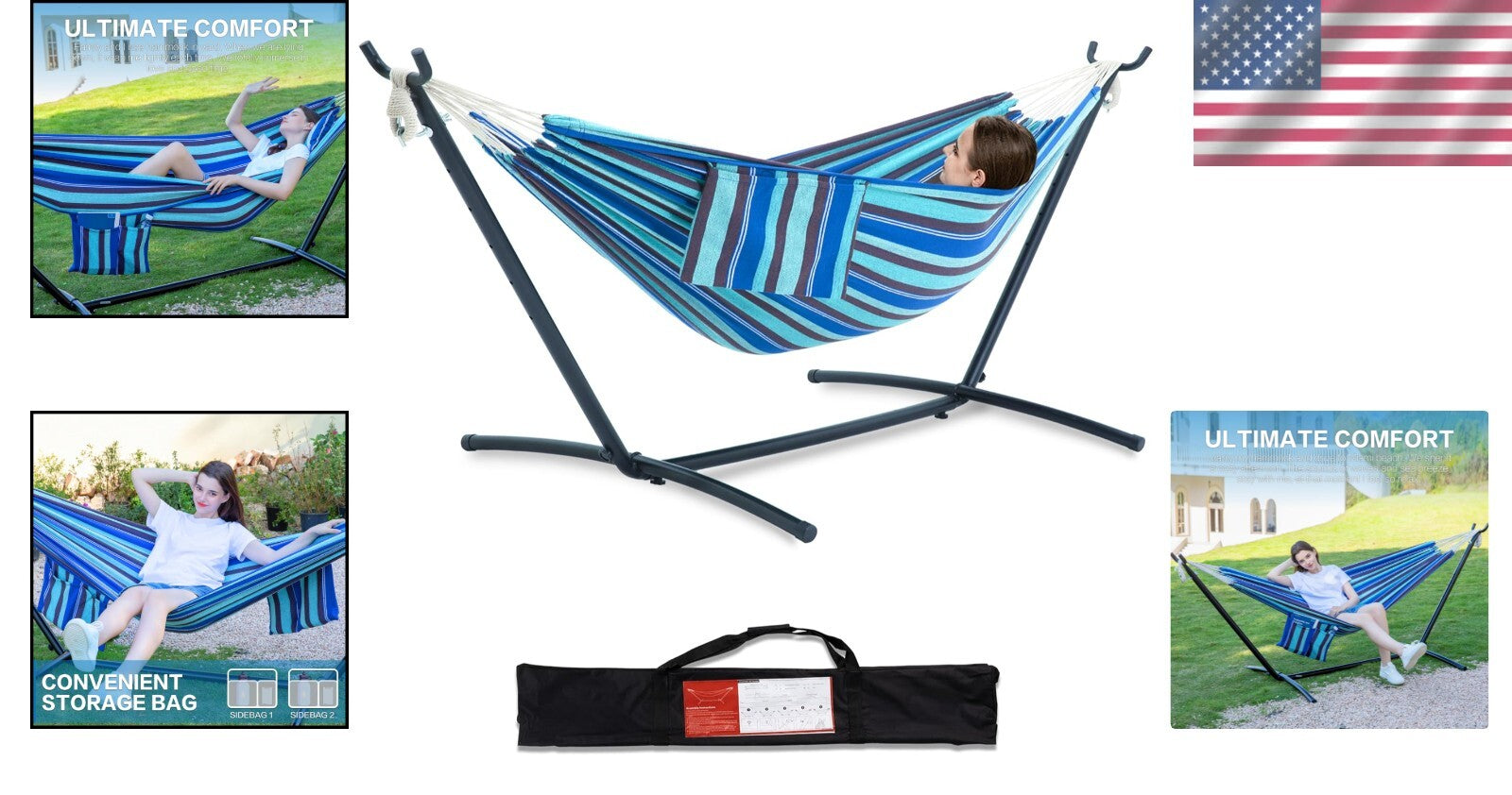 Brazilian Hammock with Steel Stand - 450lb Capacity, Portable Carry Bag Included
