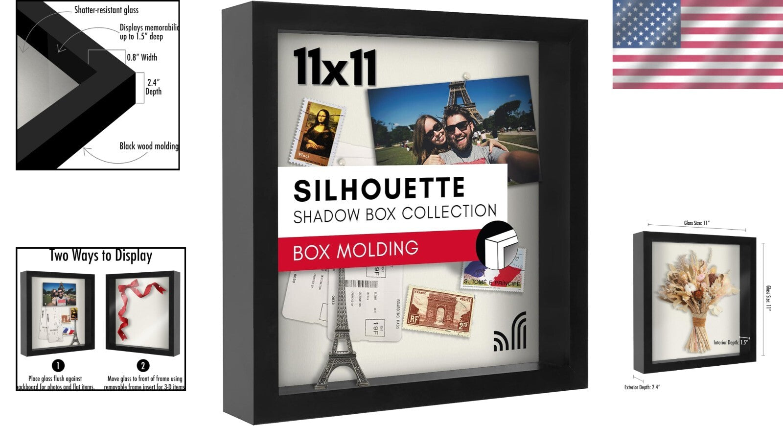 11x11 Shadow Box Frame - Stylish Black Display Case with Shatter-Resistant Glass