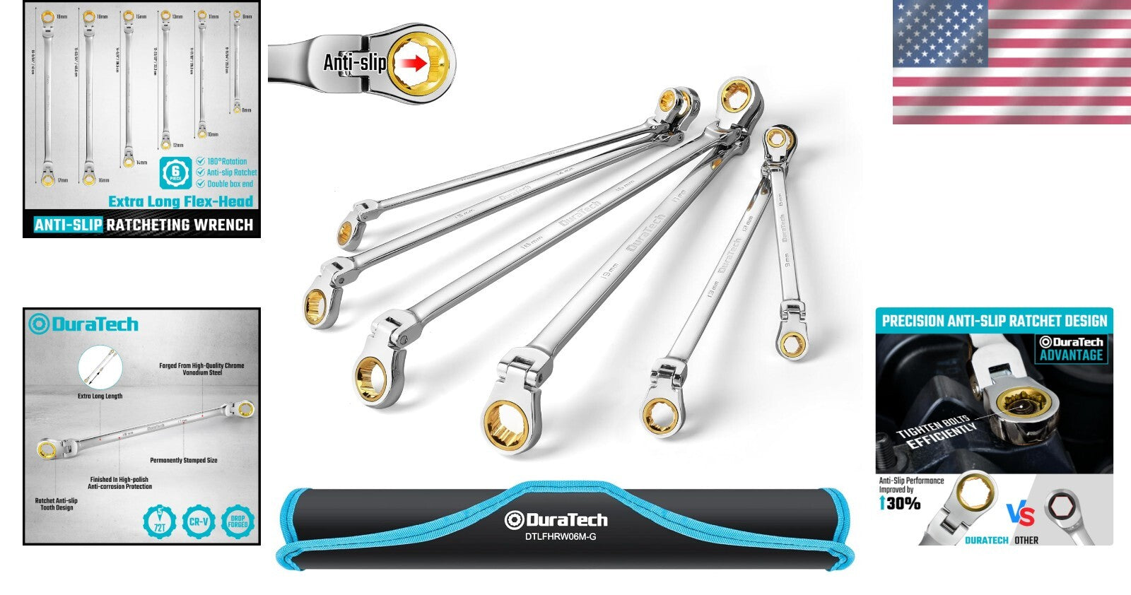 Extra Long Anti-Slip Flex-Head Ratcheting Wrench Set - 6-Piece Metric CR-V Steel