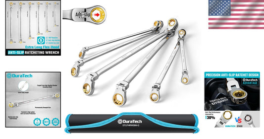 Extra Long Anti-Slip Flex-Head Ratcheting Wrench Set - 6-Piece Metric CR-V Steel