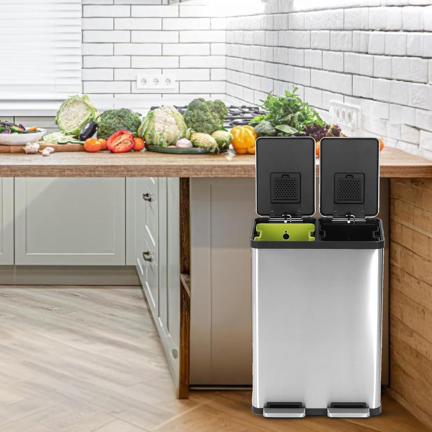 60L Hands-Free Dual Compartment Stainless Steel Recycling Trash Can - Silver