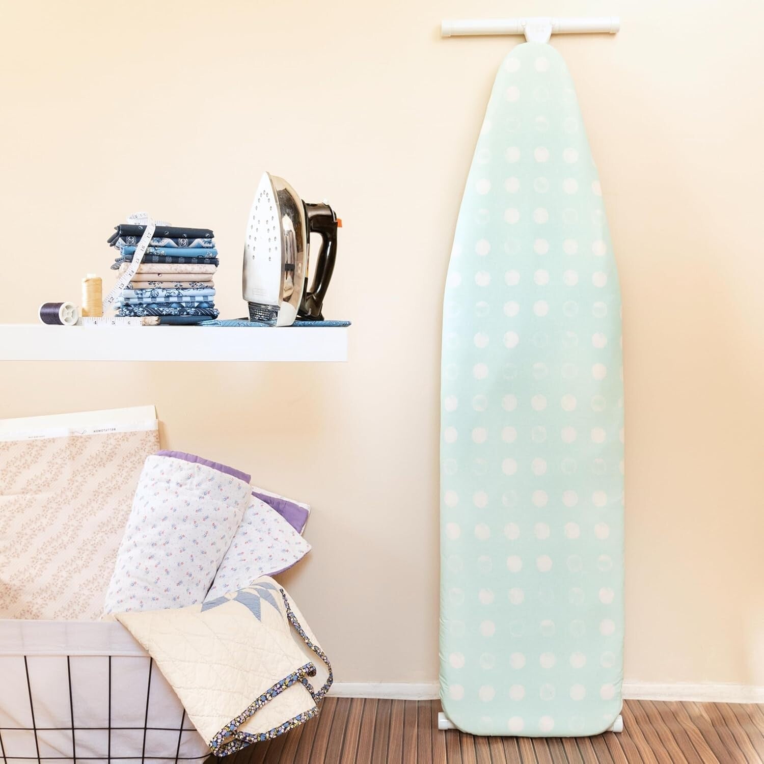 Aqua Blue & Cream Wool Ironing Board Cover - Non-Slip & Adjustable Design
