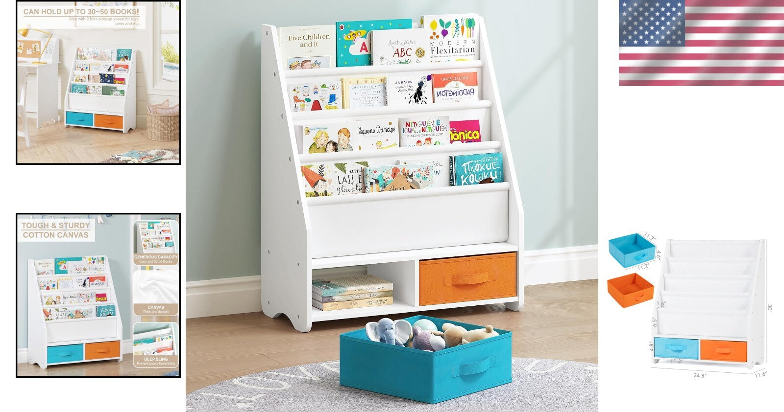 Montessori-Style Kids Bookshelf with 2 Removable Bins for Easy Accessibility