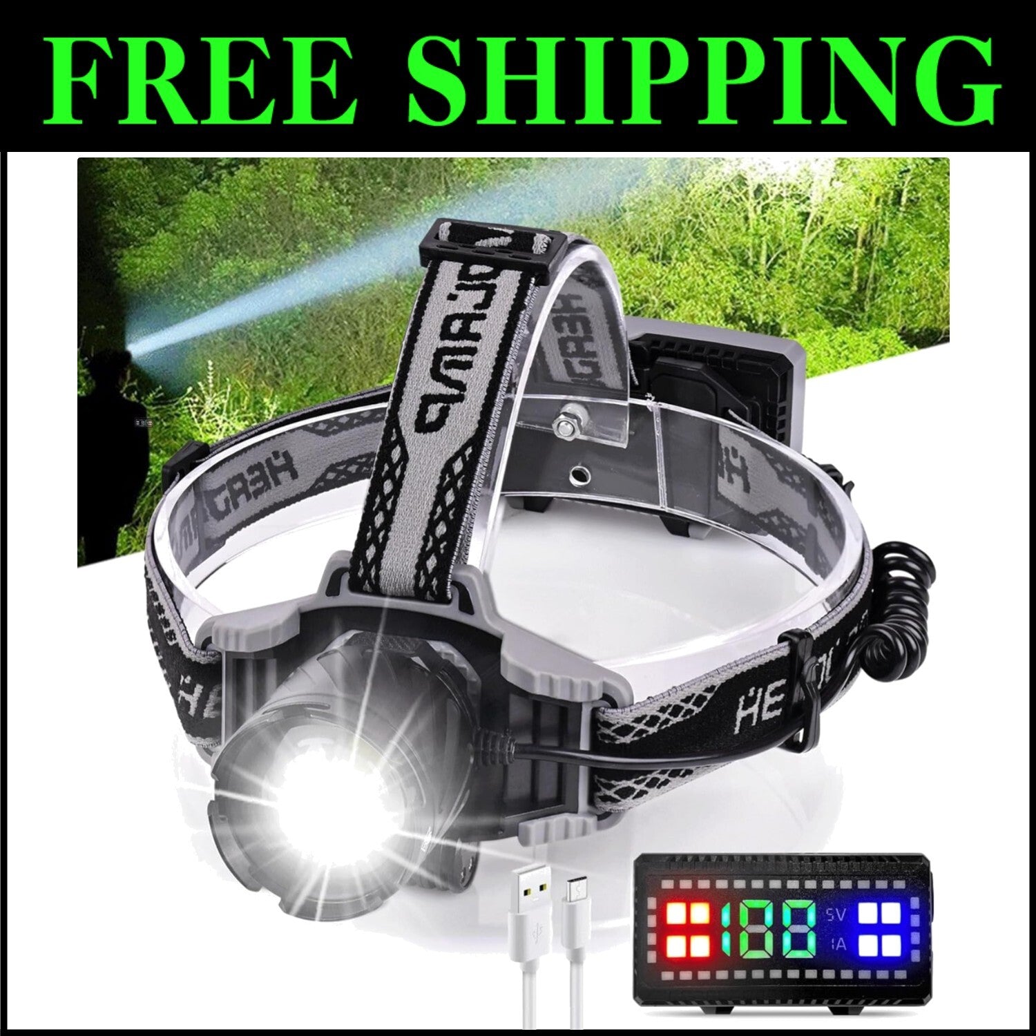 Rechargeable 4000 Lumens Headlamp with 80H Runtime & Zoomable Waterproof Design