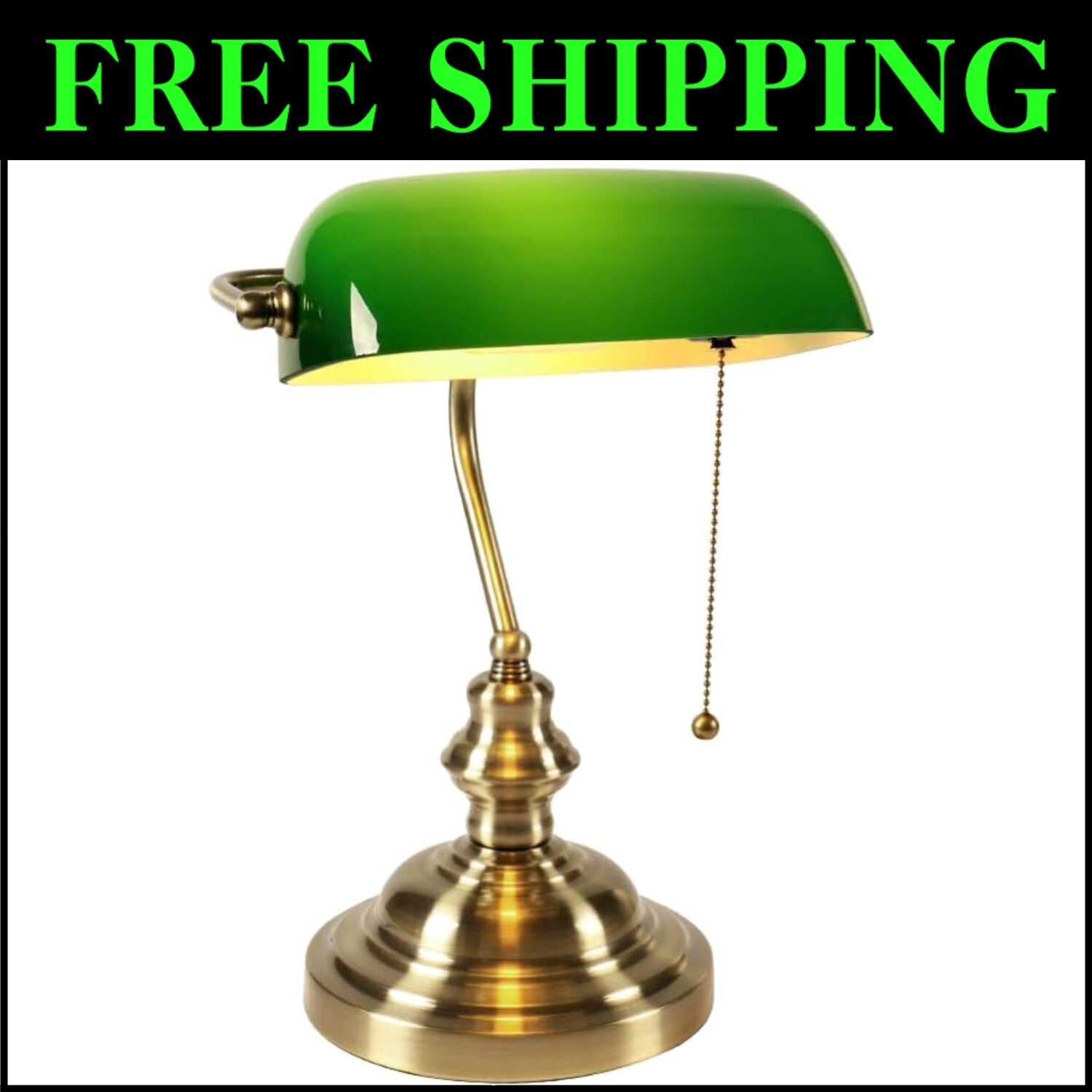 Classic Banker Desk Lamp - Adjustable Green Glass Shade with Pull Chain Switch