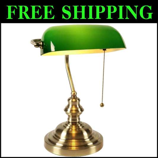 Classic Banker Desk Lamp - Adjustable Green Glass Shade with Pull Chain Switch