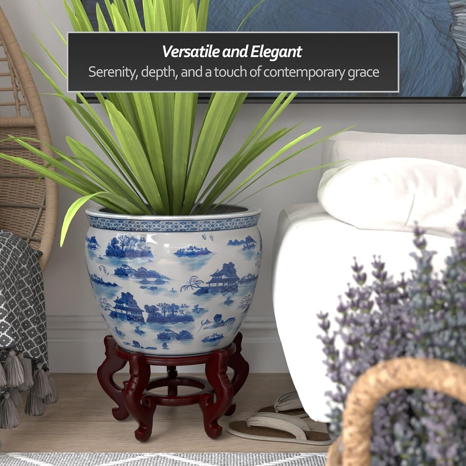 Artisanal 16" Floral Patterned Blue & White Fishbowl Planter – Timeless Elegance